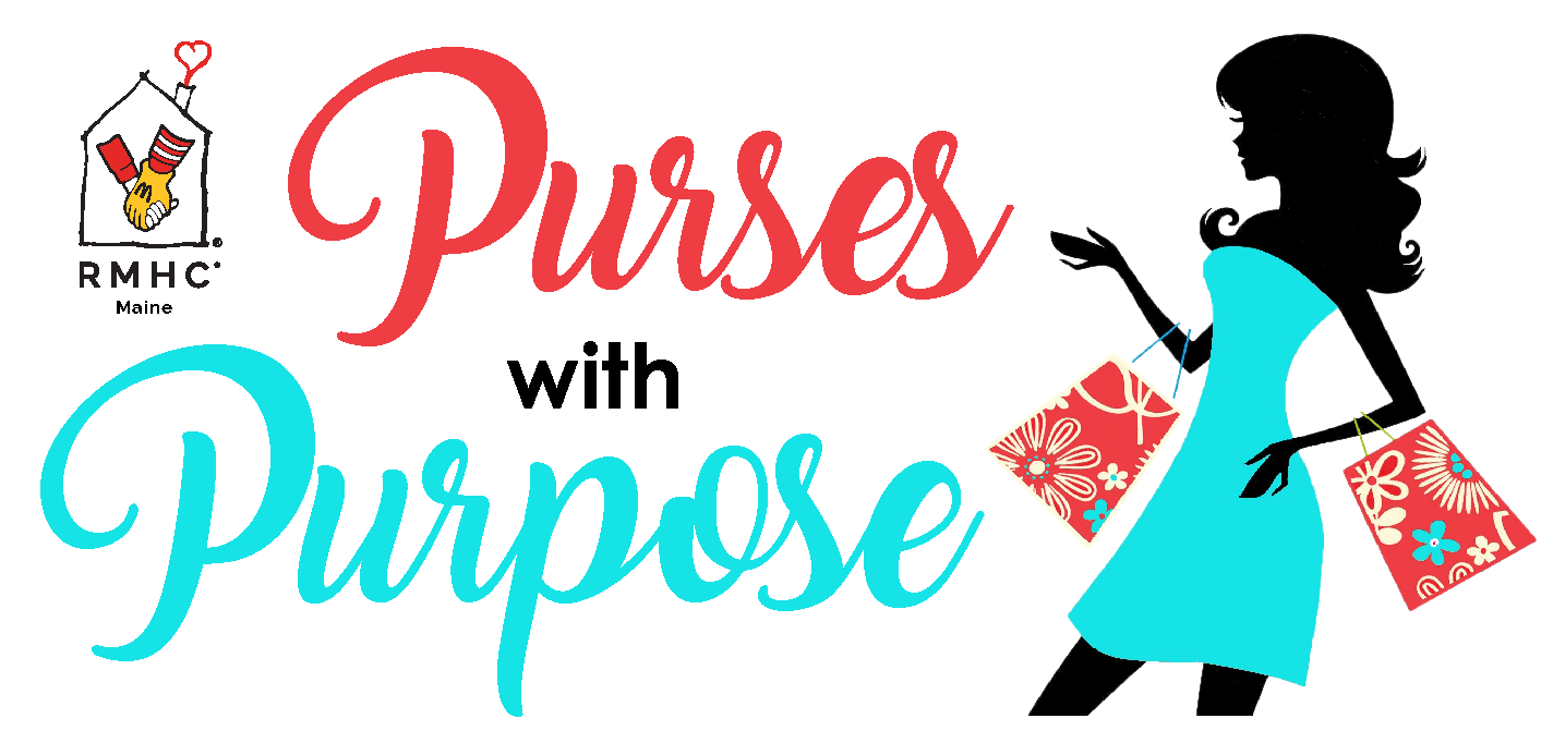 Silhouette of a woman in a blue dress holding colorful purses, with the text "Purses with Purpose" and Ronald McDonald House Maine Maine logo.