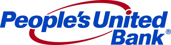 Logo of People's United Bank featuring blue text with a red swoosh around the name.