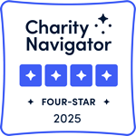 Charity Navigator 2025 four-star badge, featuring four stars and the organization’s name in blue on a white background.