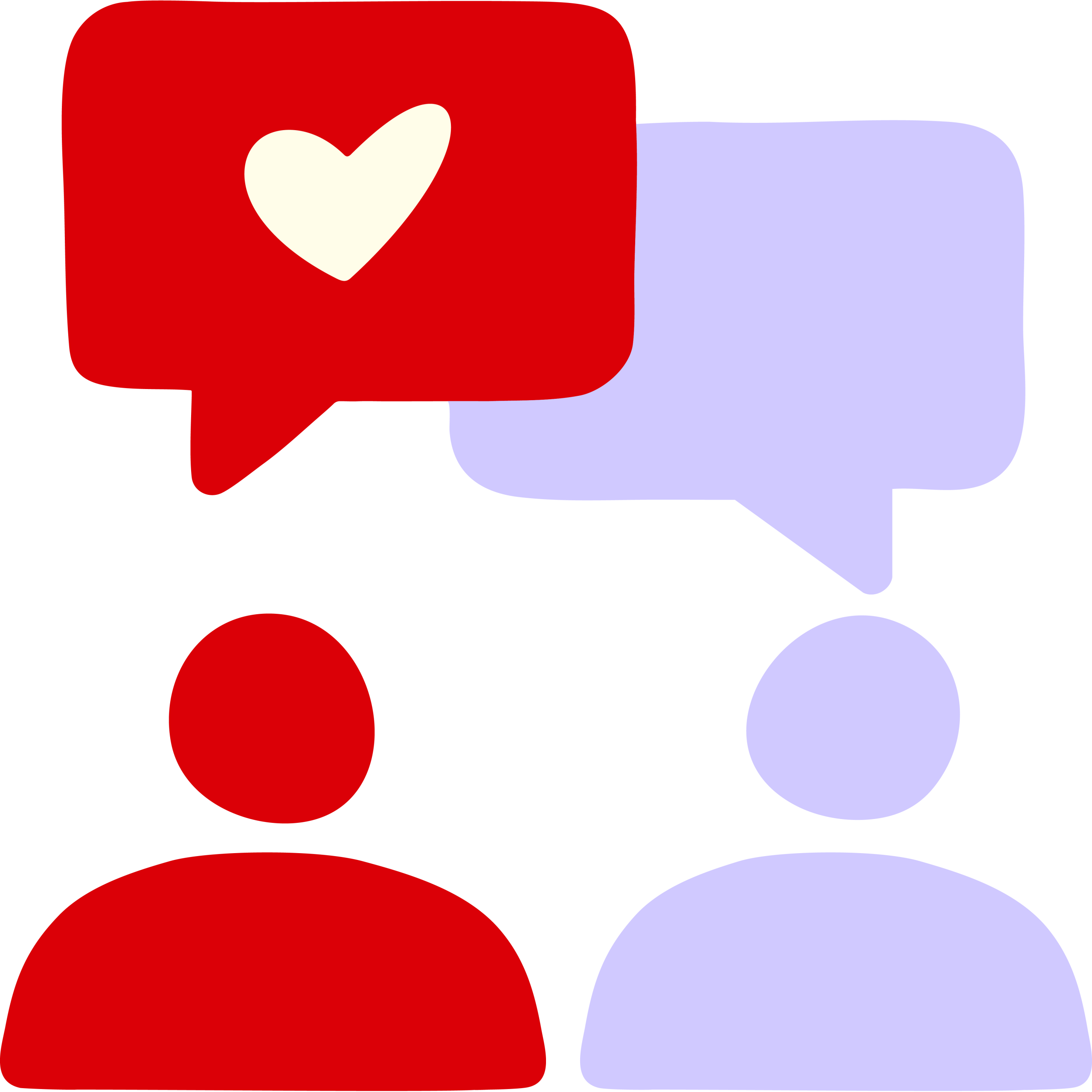 Two stylized figures with speech bubbles; one red with a heart symbol and one light purple.