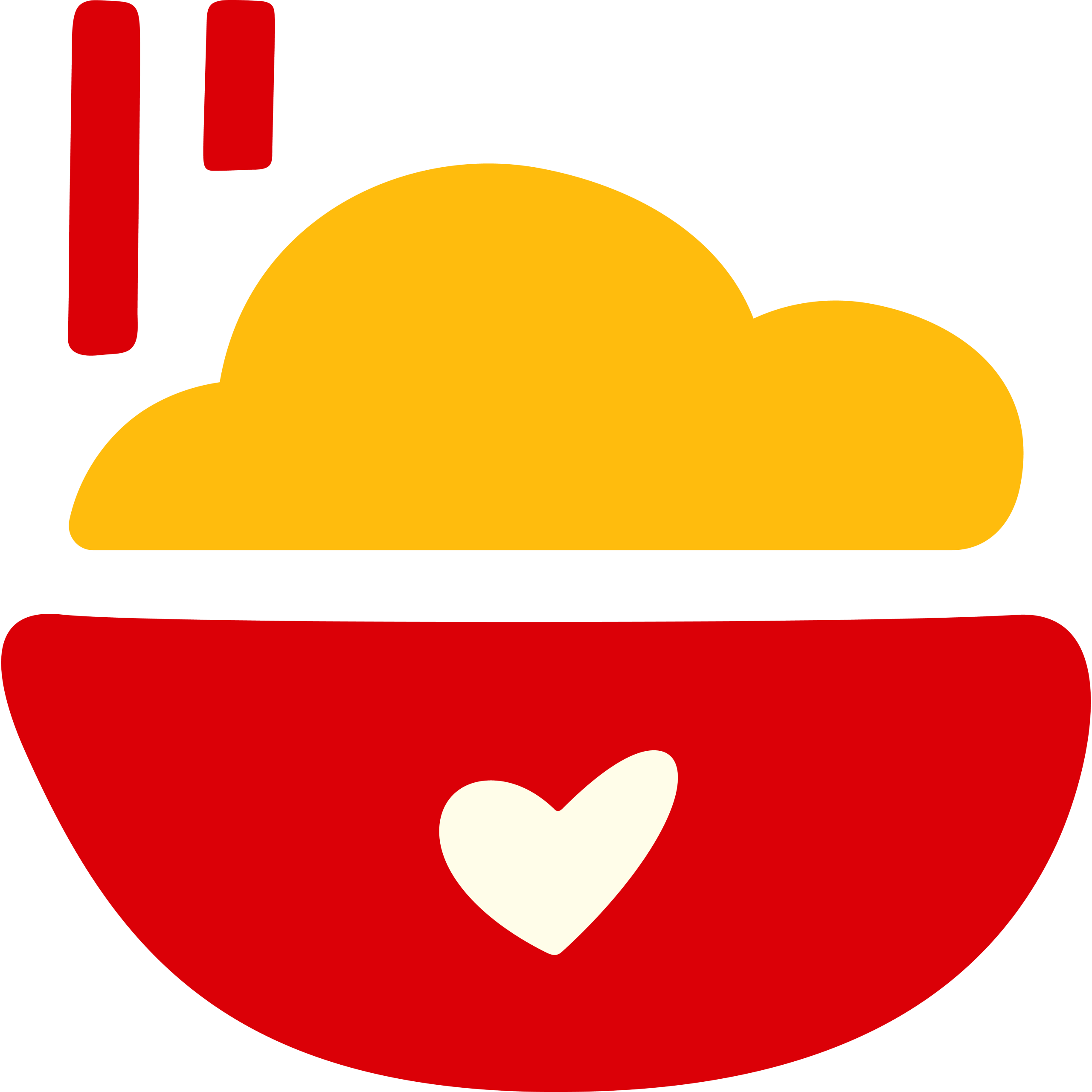 A stylized bowl with a yellow lid and a red base, featuring a white heart on the front. Steam rises from it.