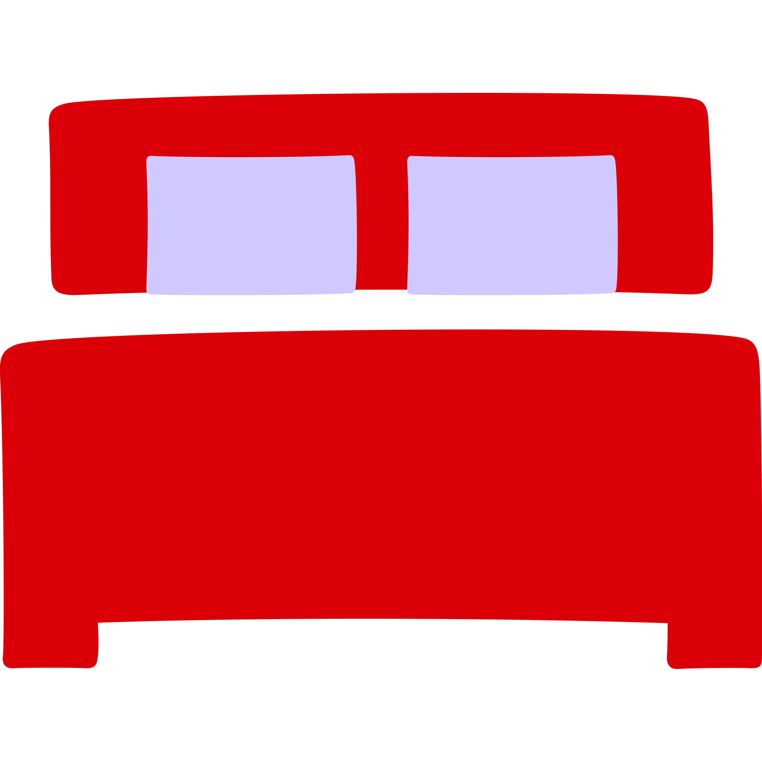 Red bed with two light purple pillows against a black background.