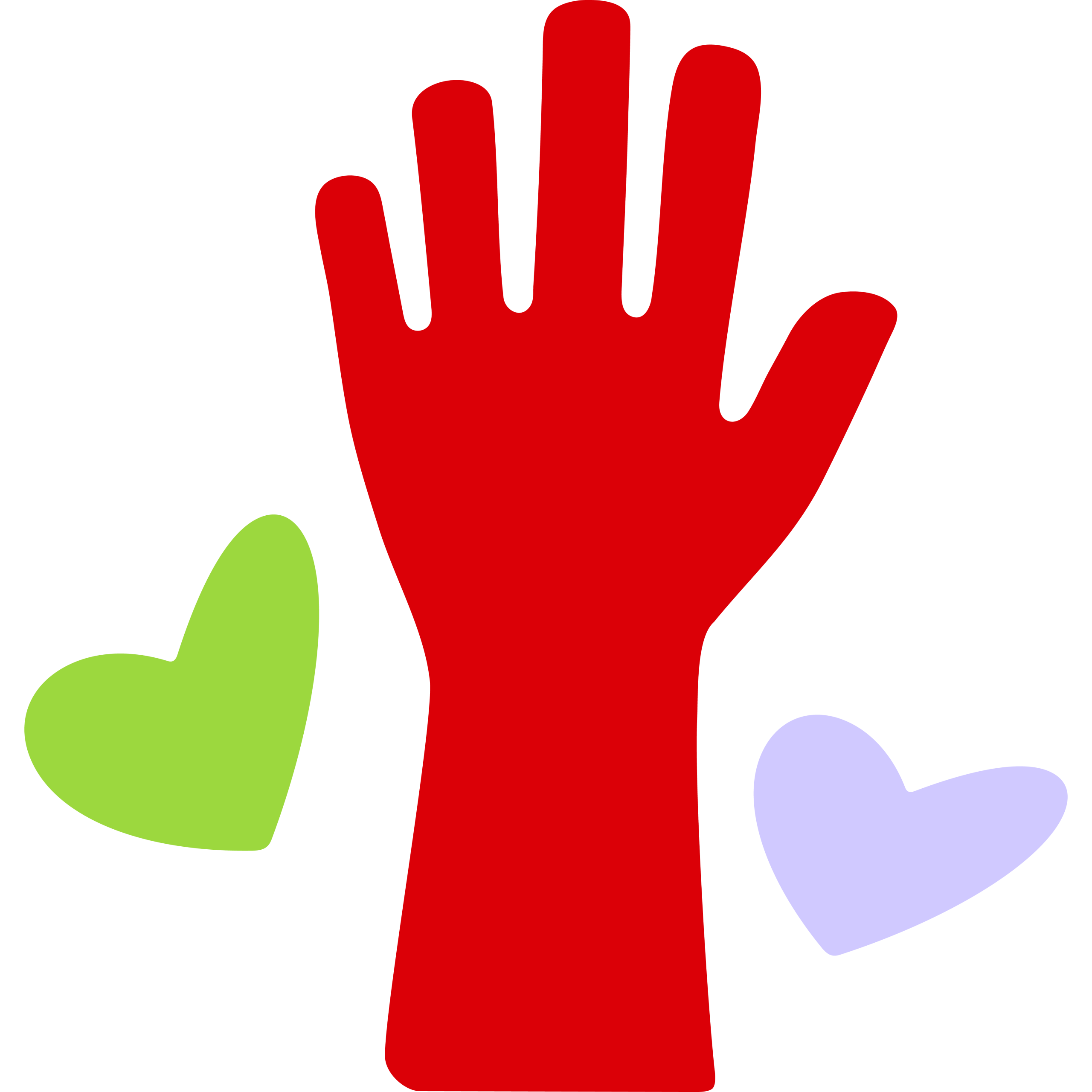 A red hand is surrounded by a green heart and a light purple heart, set against a black background.