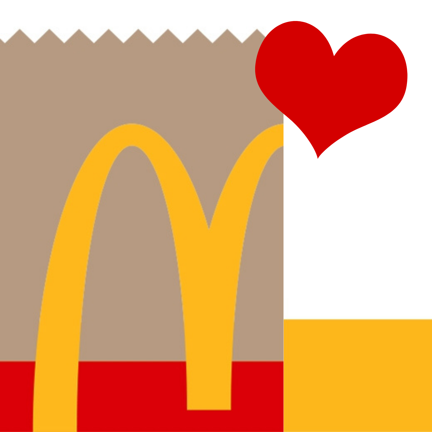 A graphic featuring the McDonald's logo with a red heart next to it on a beige background.