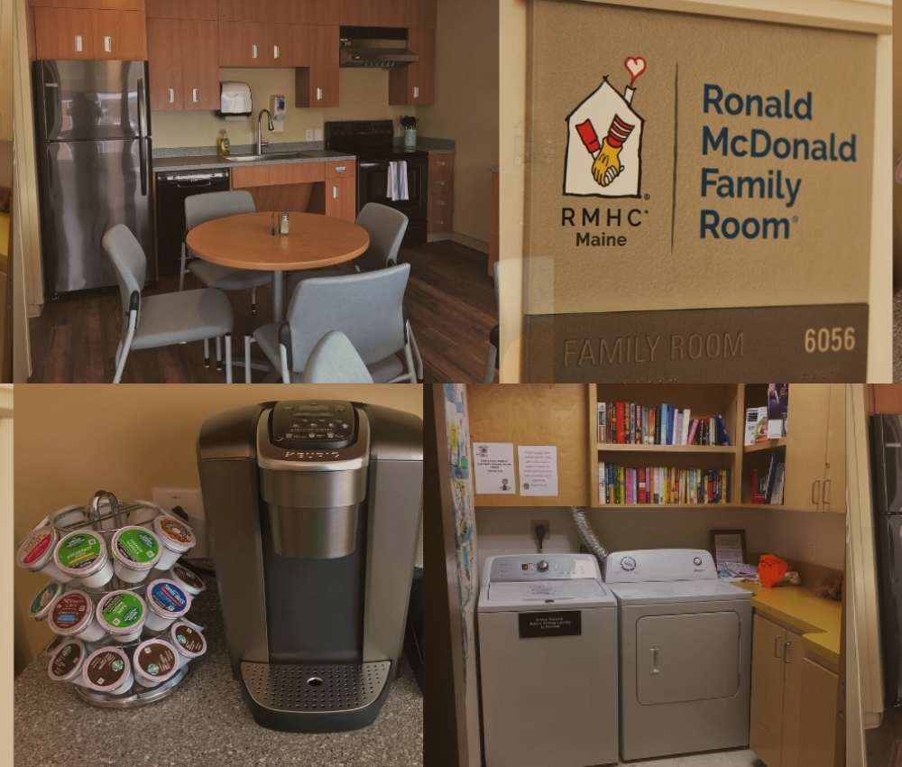 A cozy family room at the Ronald McDonald House, featuring a kitchen, washer, and coffee station.