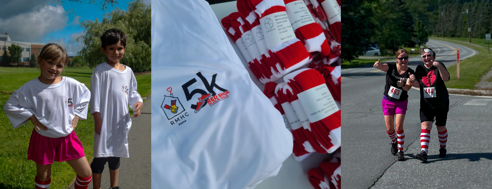 Kids in fun shirts, striped socks, and adults participating in a 5K event, highlighting community and support.