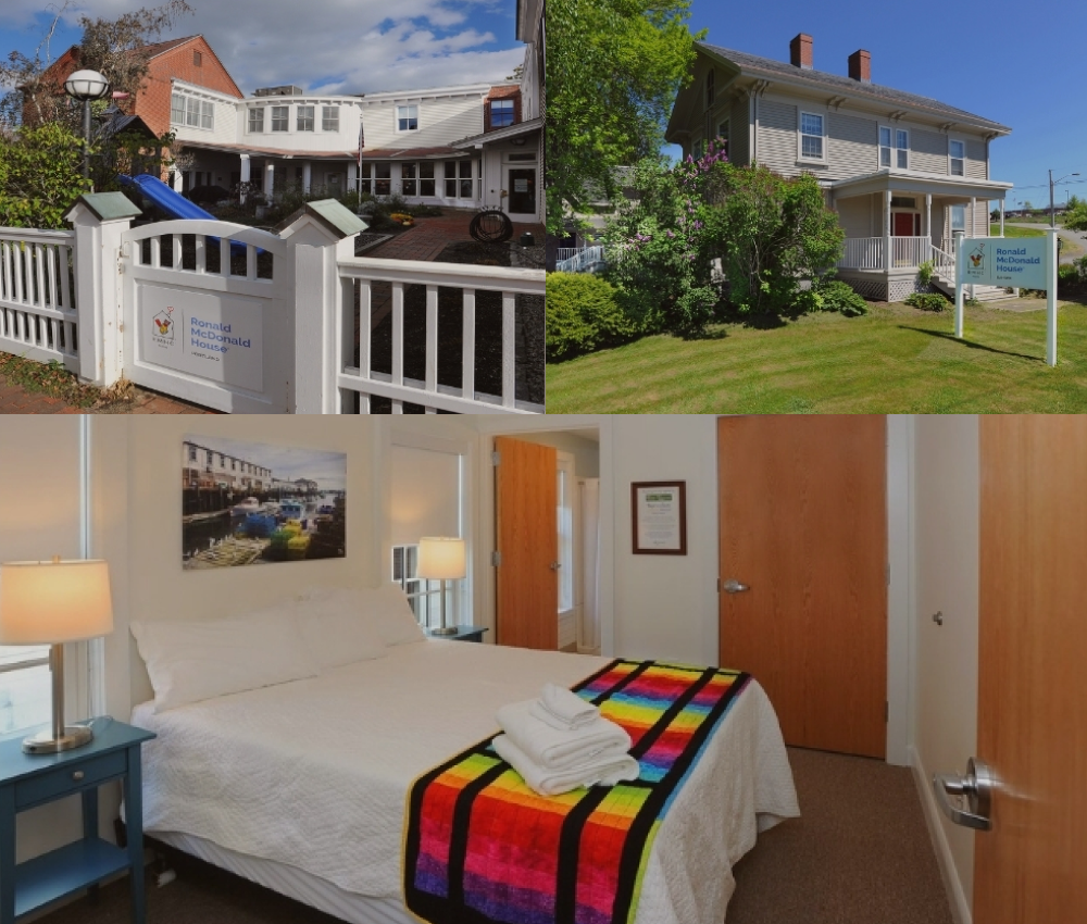 Collage of a Ronald McDonald House exterior, entrance, and a cozy bedroom with colorful decor.