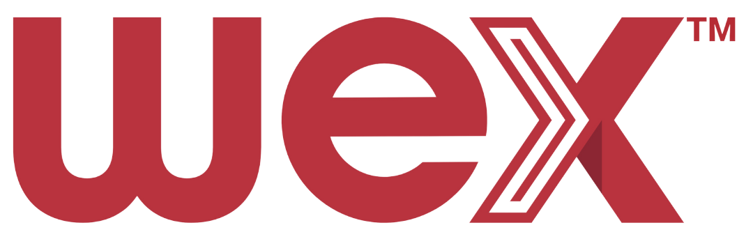 Logo of WEX, featuring a stylized "w," "e," and "X" in red with a trademark symbol.